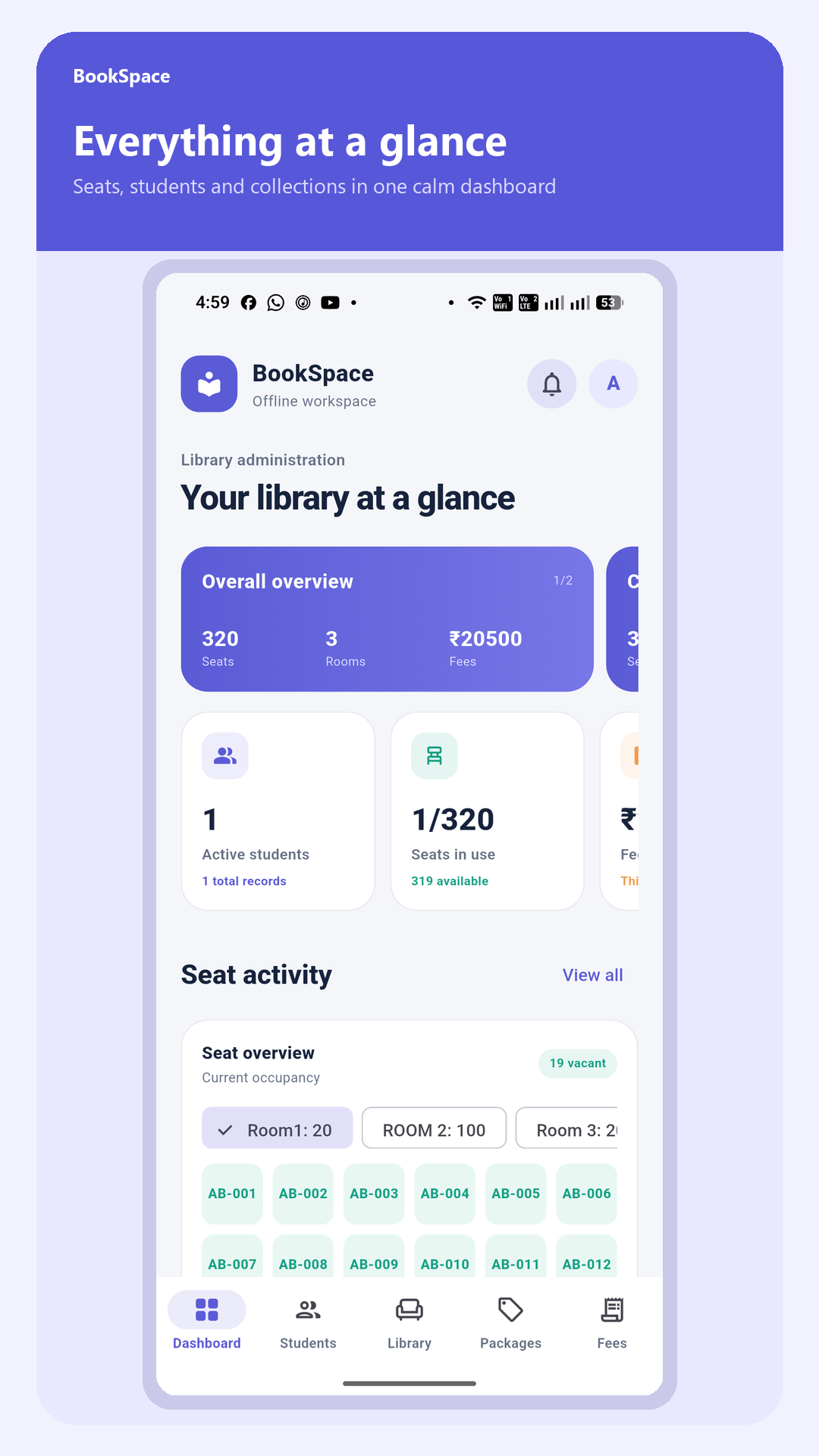 BookSpace dashboard showing seats, students, and collections