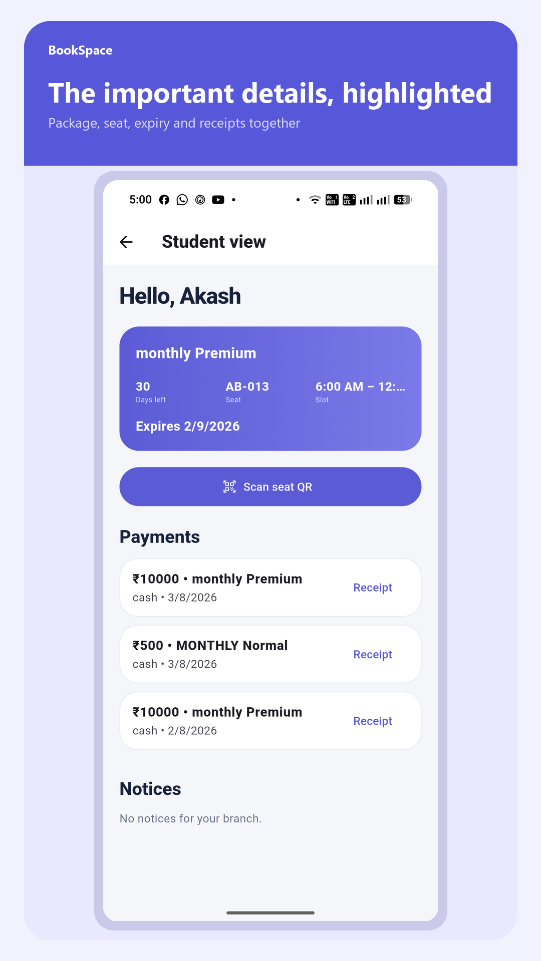 BookSpace student view with package and payment details
